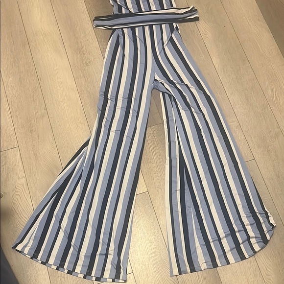 Charlotte Russe Blue and White Striped Jumpsuit with Tie Waist - Picture 3 of 6